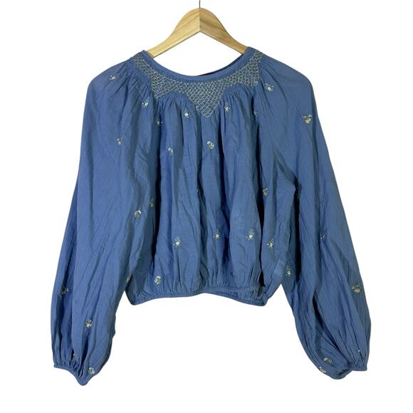 American Eagle Outfitters Tops - American Eagle Blouse Womens M Blue Embroidered Smocked Peasant 100% Cotton Boho